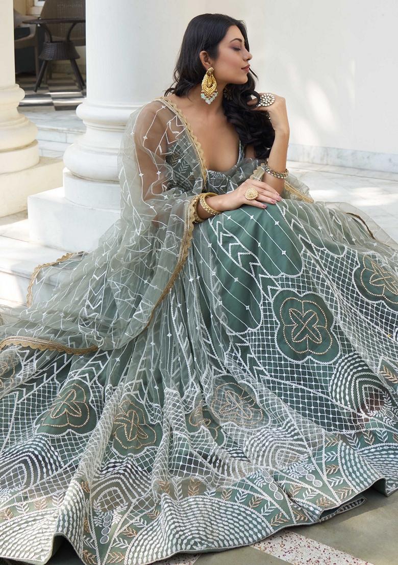 Light Green Thread Sequin Embroidered Net Lehenga Set