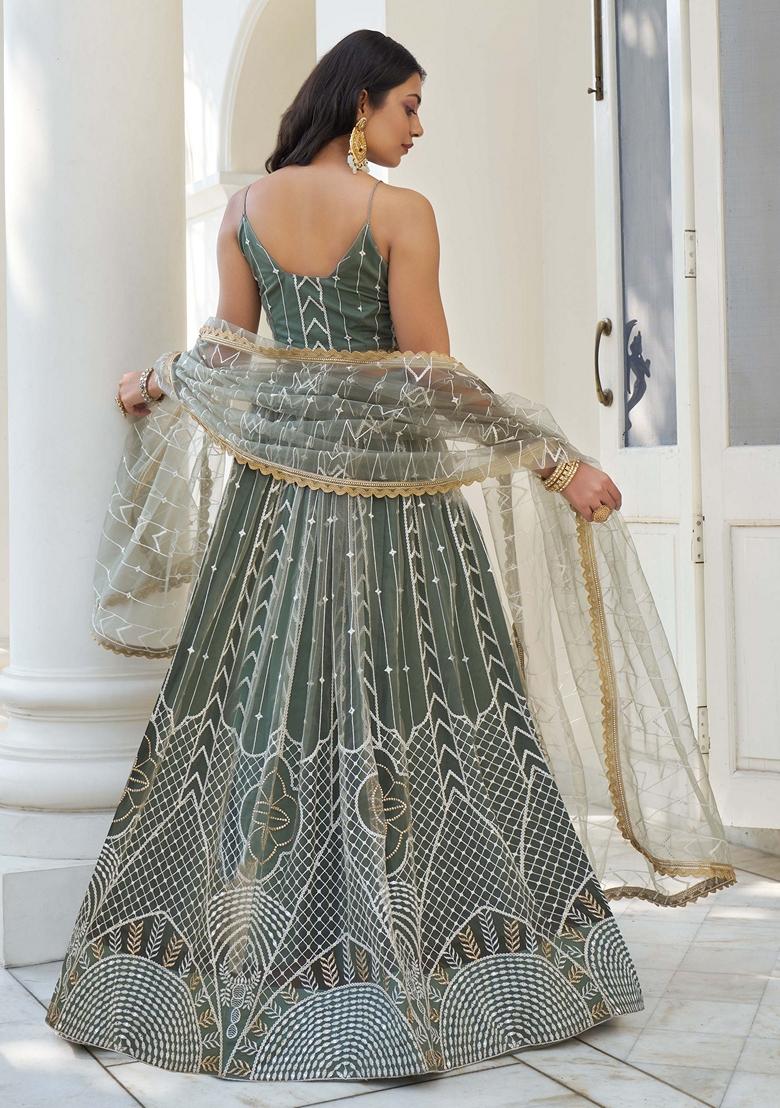 Light Green Thread Sequin Embroidered Net Lehenga Set