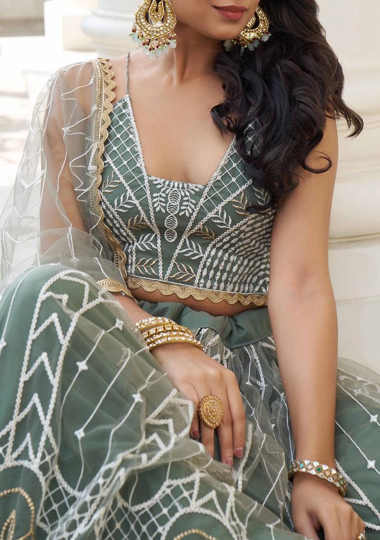Light Green Thread Sequin Embroidered Net Lehenga Set