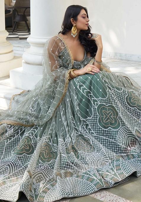 Light Green Thread Sequin Embroidered Net Lehenga Set