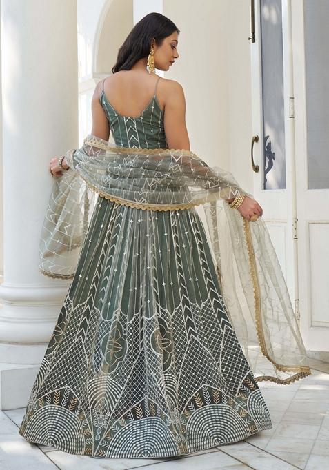 Light Green Thread Sequin Embroidered Net Lehenga Set
