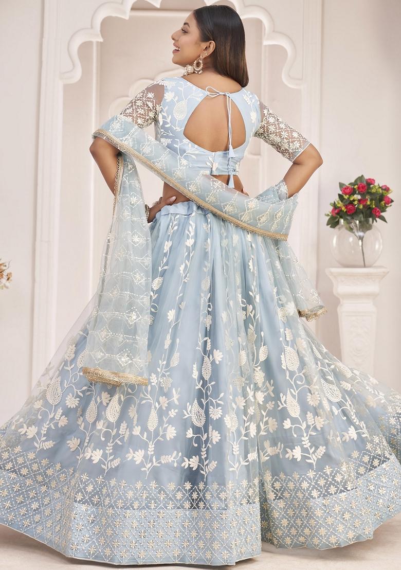 Turquoise Thread Sequin Embroidered Net Lehenga Set