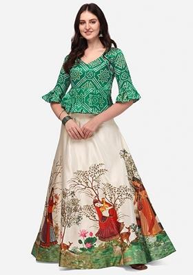 Green Digital Print Satin Silk Lehenga Set