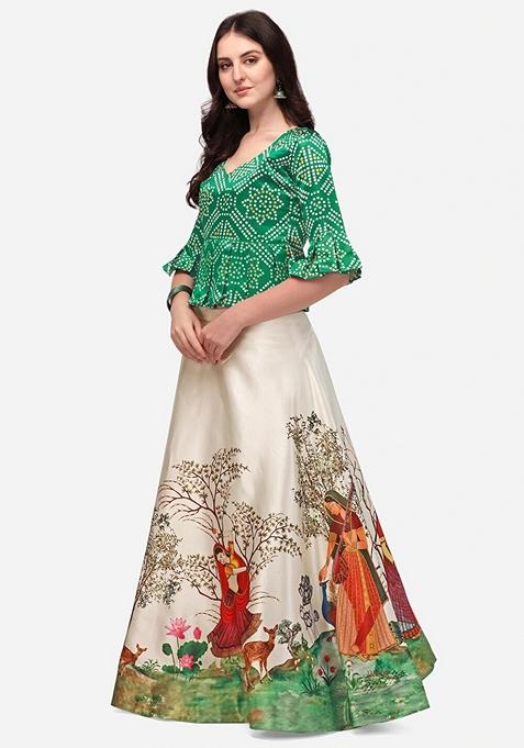 Green Digital Print Satin Silk Lehenga Set