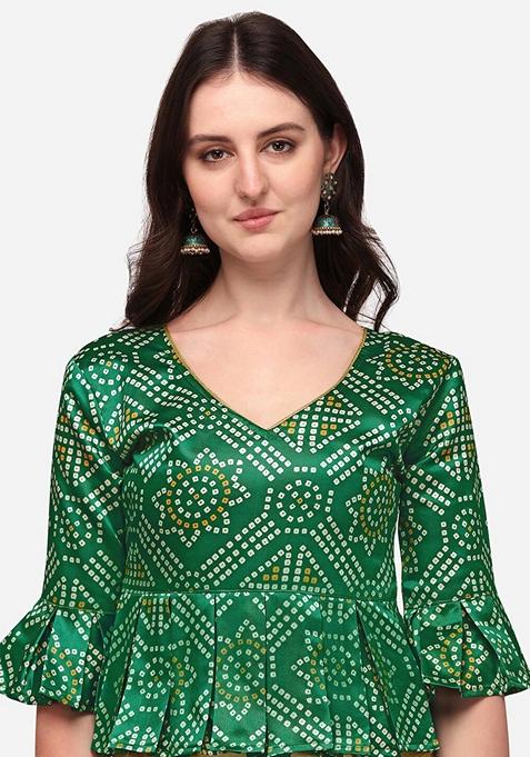 Green Digital Print Satin Silk Lehenga Set