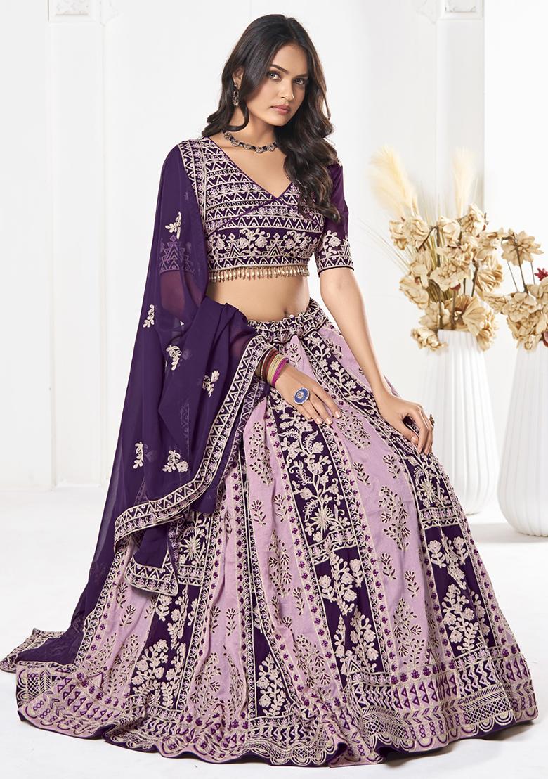 Purple Thread Embroidered Georgette Lehenga Set