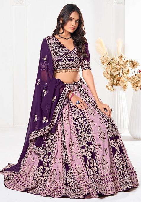 Purple Thread Embroidered Georgette Lehenga Set