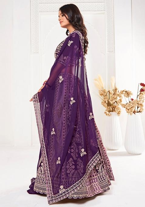 Purple Thread Embroidered Georgette Lehenga Set