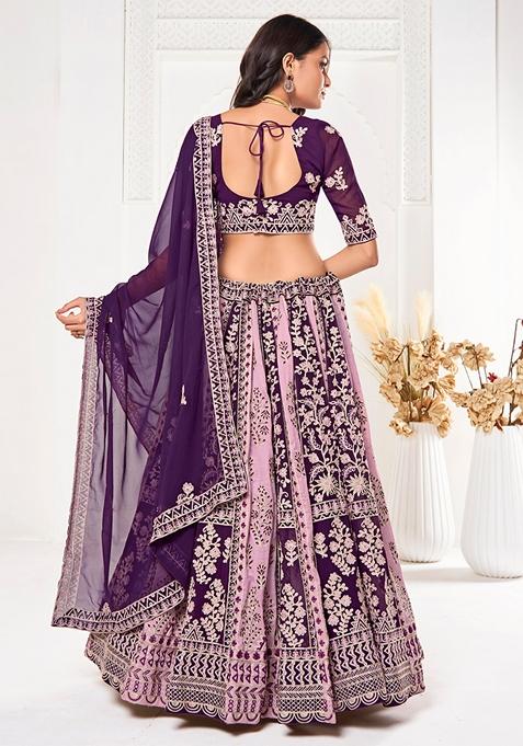 Purple Thread Embroidered Georgette Lehenga Set
