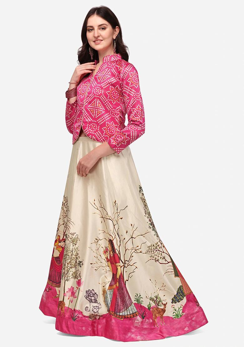 Pink Digital Print Satin Lehenga Set