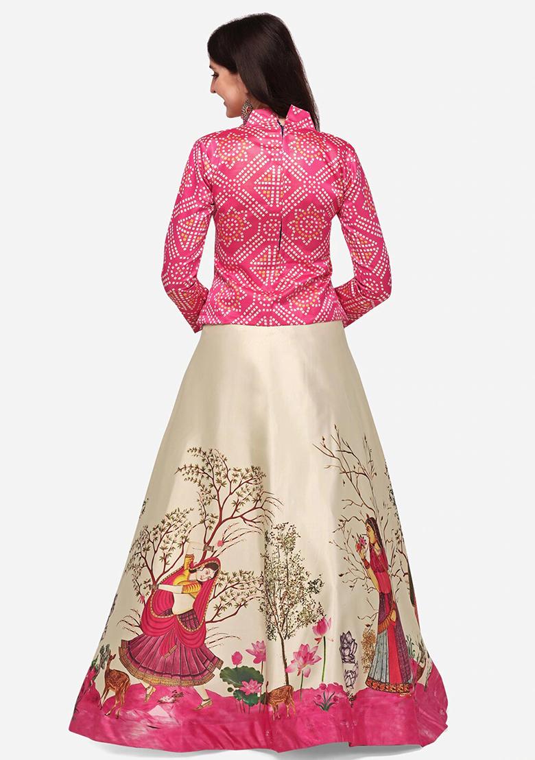 Pink Digital Print Satin Lehenga Set