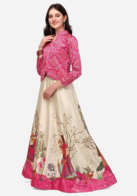 Pink Digital Print Satin Lehenga Set