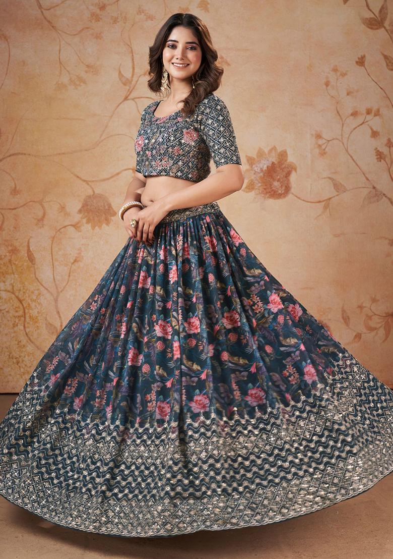 Blue Printed Satin Lehenga Set
