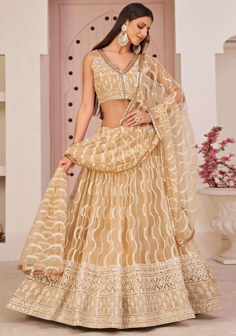 Beige Sequin Embroidered Net Lehenga Set - Indya