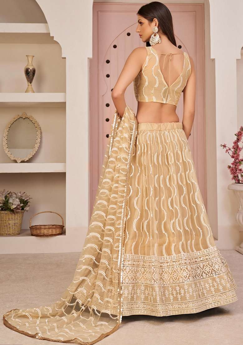 Beige Sequin Embroidered Net Lehenga Set - Indya