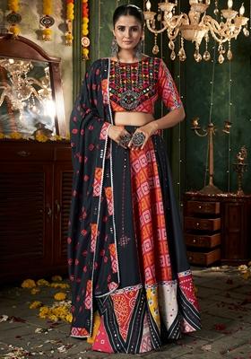 Black Thread Mirror Embellished Maslin Cotton Lehenga Set
