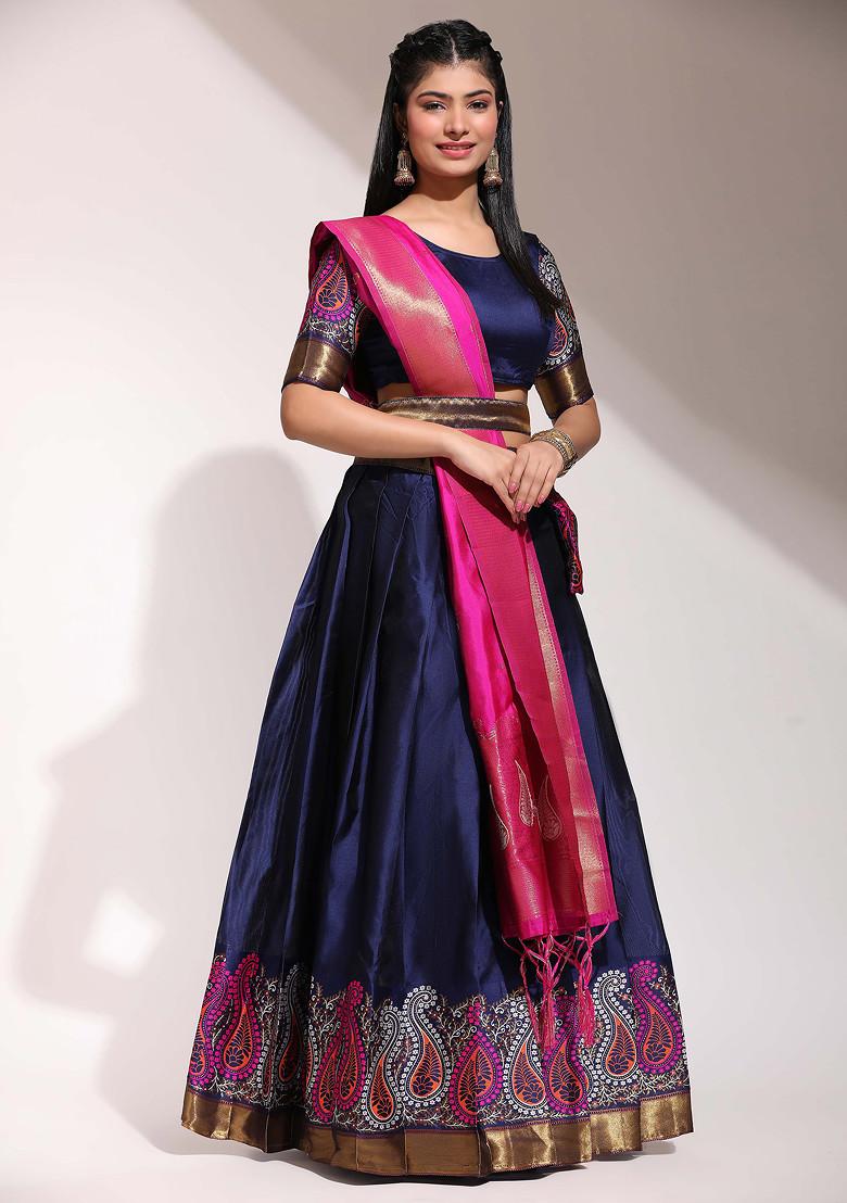 Navy Blue Zari Woven Embroidered Lehenga Set