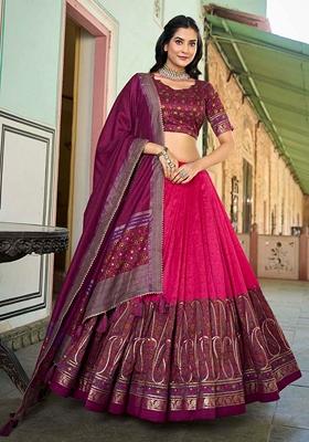 Pink Kashmiri Print Tussar Silk Lehenga Set