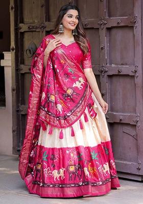 Pink Foil Print Dola Silk Lehenga Set
