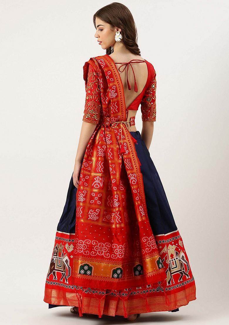 Navy Blue Zari Embroidered Litchi Silk Lehenga Set