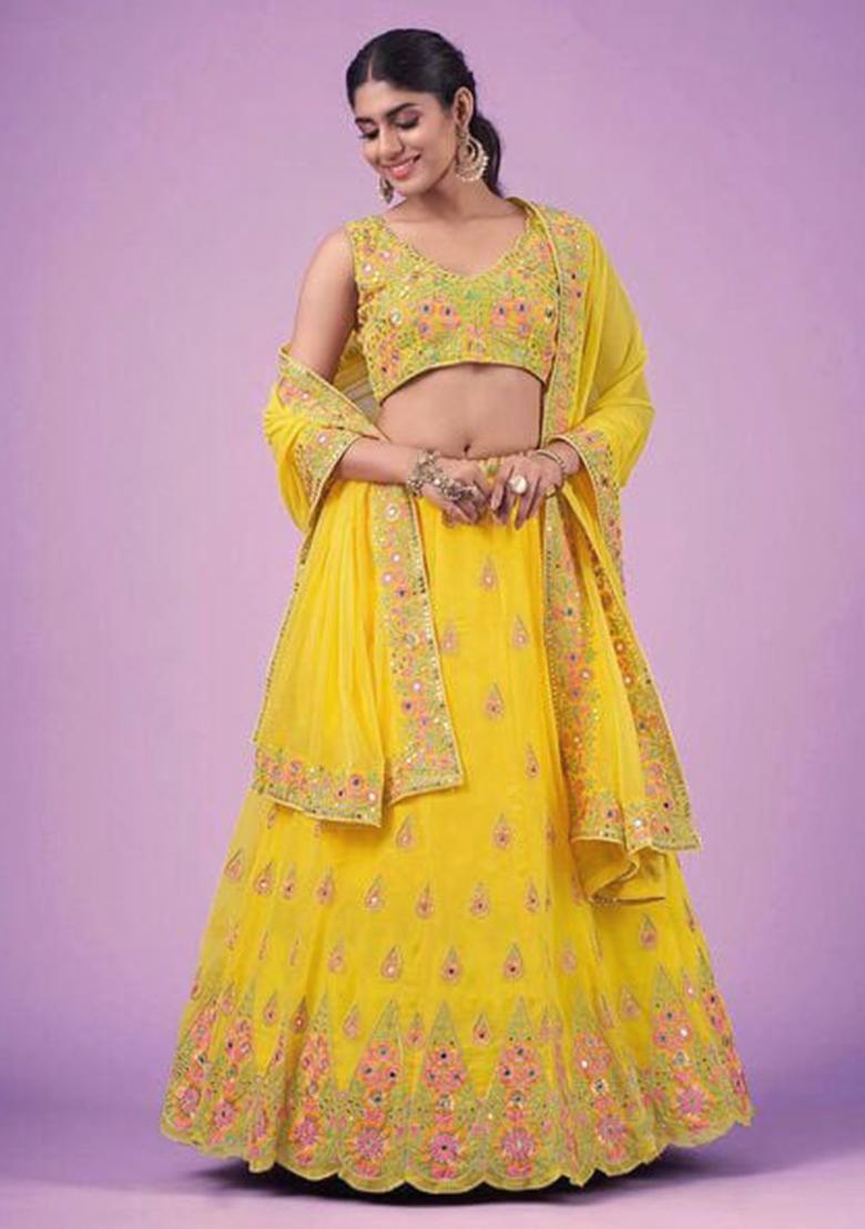Yellow Sequin Embroidered Faux Georgette Lehenga Set
