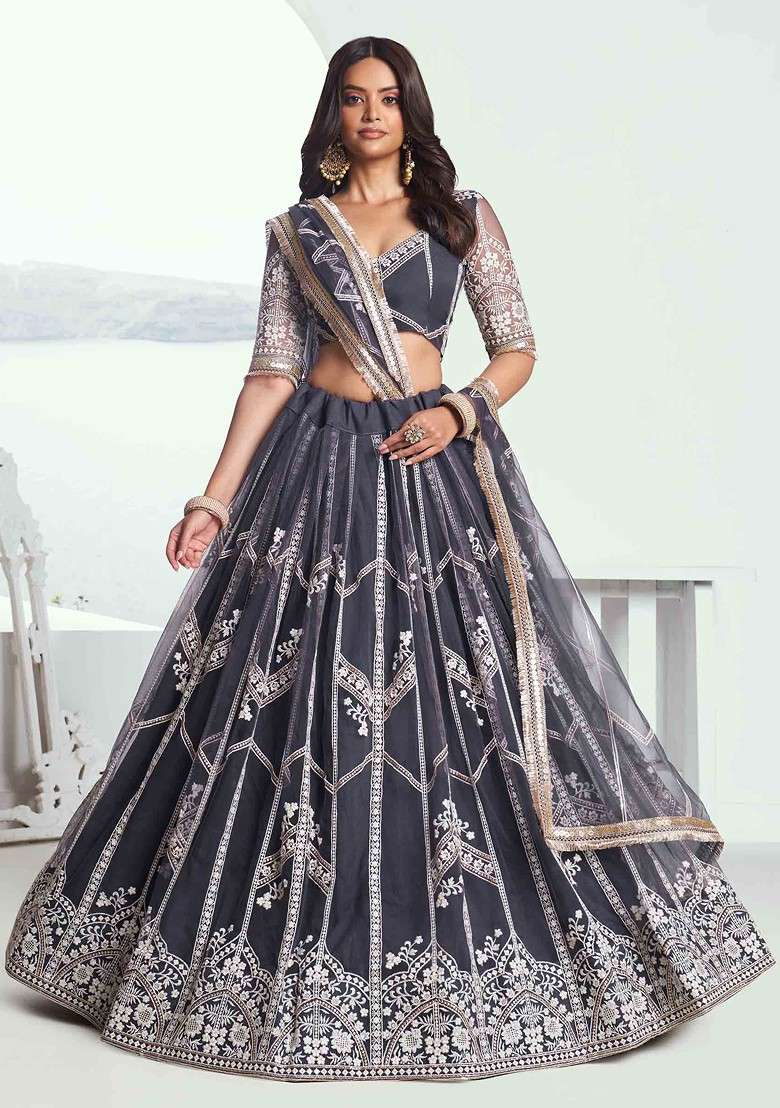 Dark Grey Sequin Thread Embroidered Net Lehenga Set - Indya