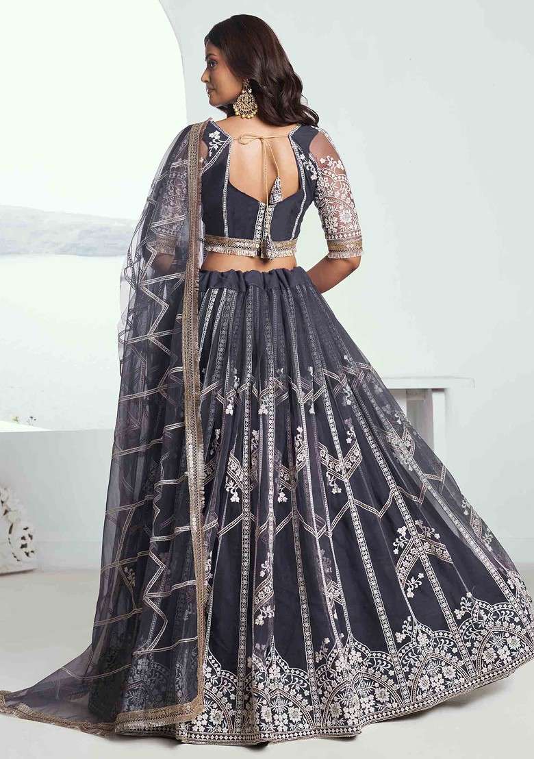 Dark Grey Sequin Thread Embroidered Net Lehenga Set - Indya