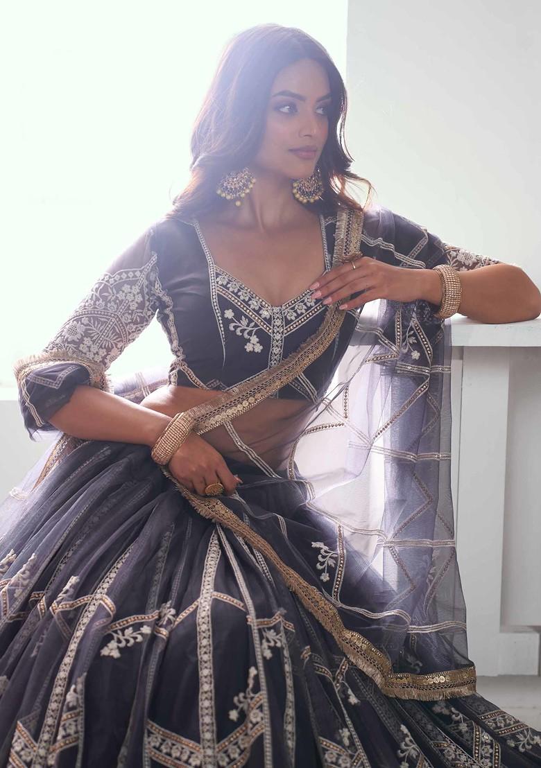 Dark Grey Sequin Thread Embroidered Net Lehenga Set