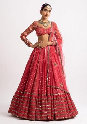Red Sequin Embroidered Faux Georgette Lehenga Set