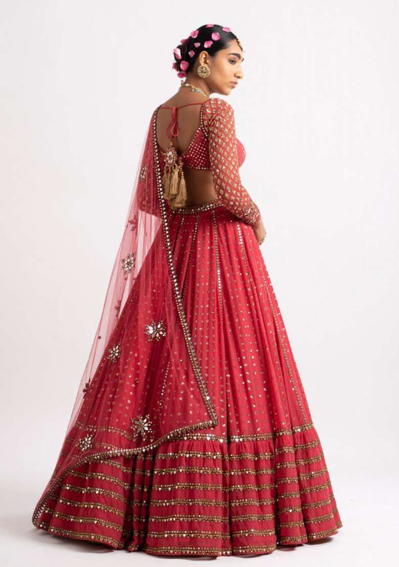 Red Sequin Embroidered Faux Georgette Lehenga Set - Indya