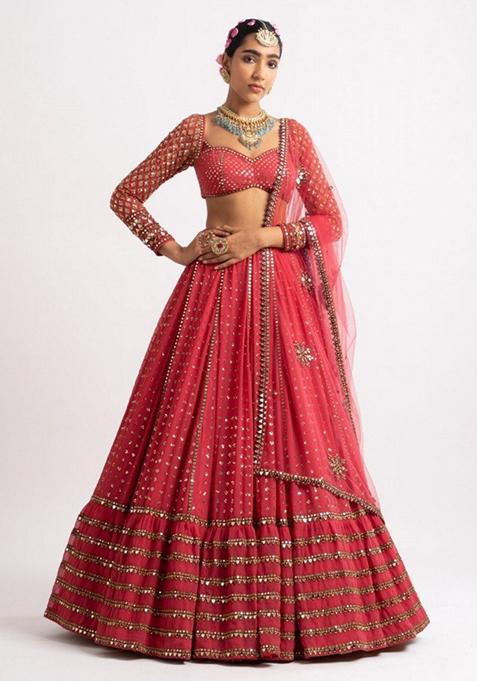 Red Sequin Embroidered Faux Georgette Lehenga Set — view on Indya