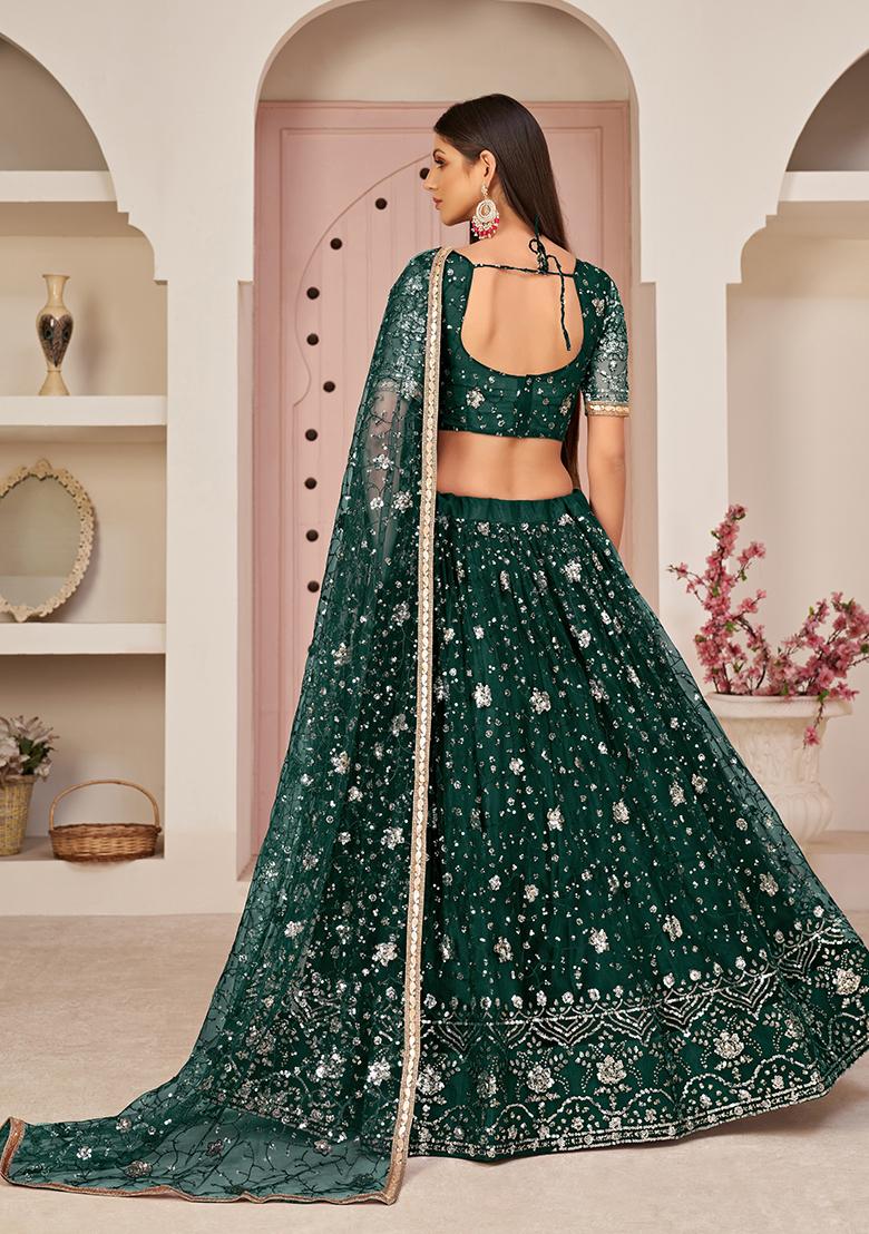 Green Embroidered Net Lehenga Set