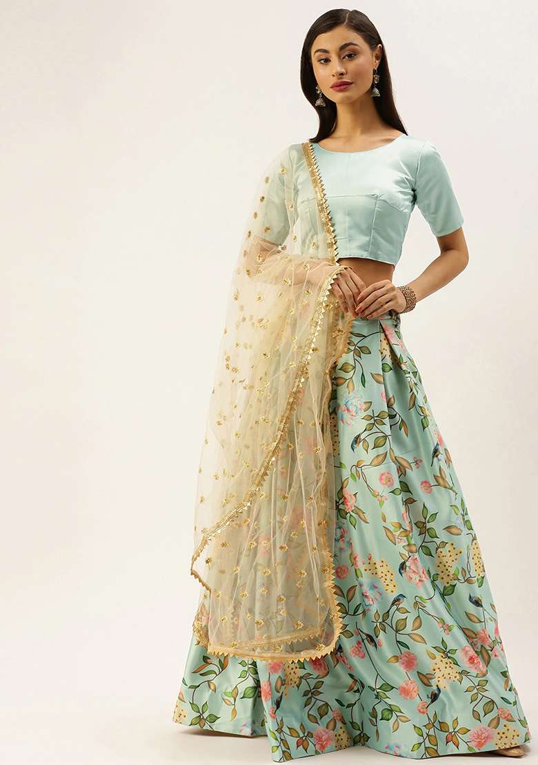 Sea Green Printed Zari Satin Lehenga Set - Indya