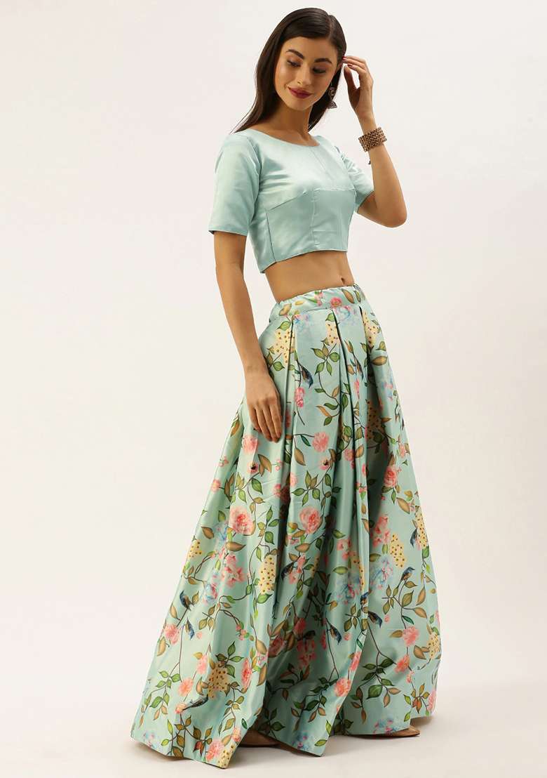 Sea Green Printed Zari Satin Lehenga Set - Indya