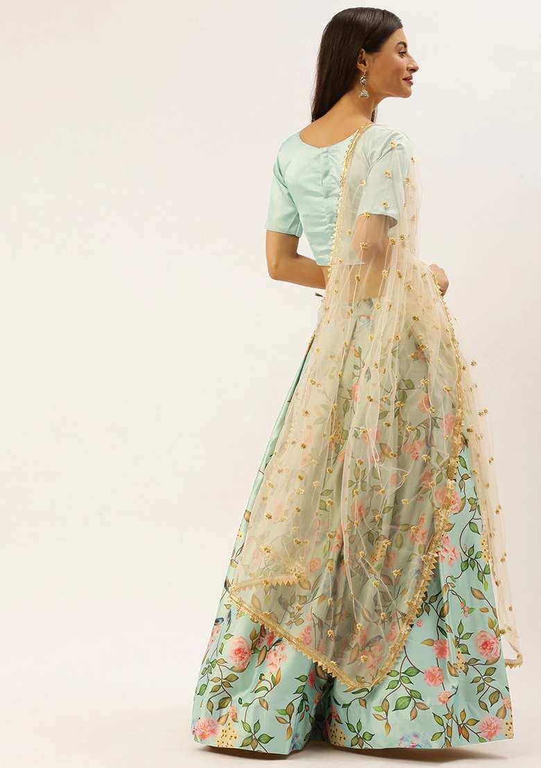 Sea Green Printed Zari Satin Lehenga Set - Indya