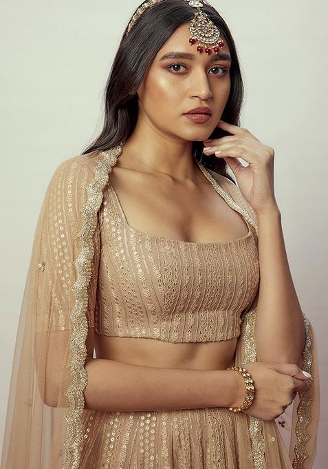 Brown Sequin Embroidered Georgette Lehenga Set