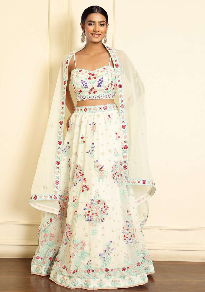 Off White Thread Embroidered Faux Georgette Lehenga Set - Indya