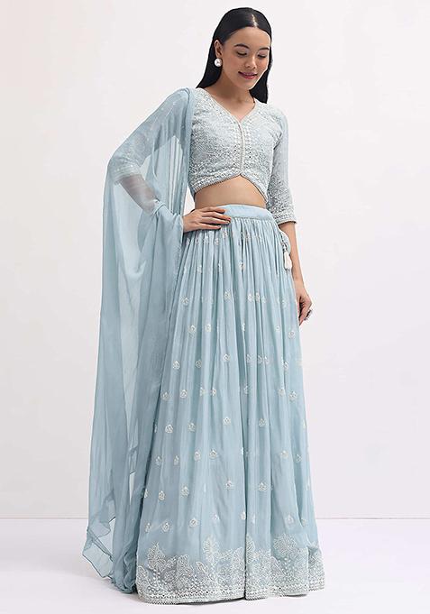 Blue Thread Embroidered Georgette Lehenga Set