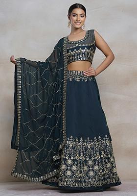 Green Sequin Thread Embroidered Silk Lehenga Set