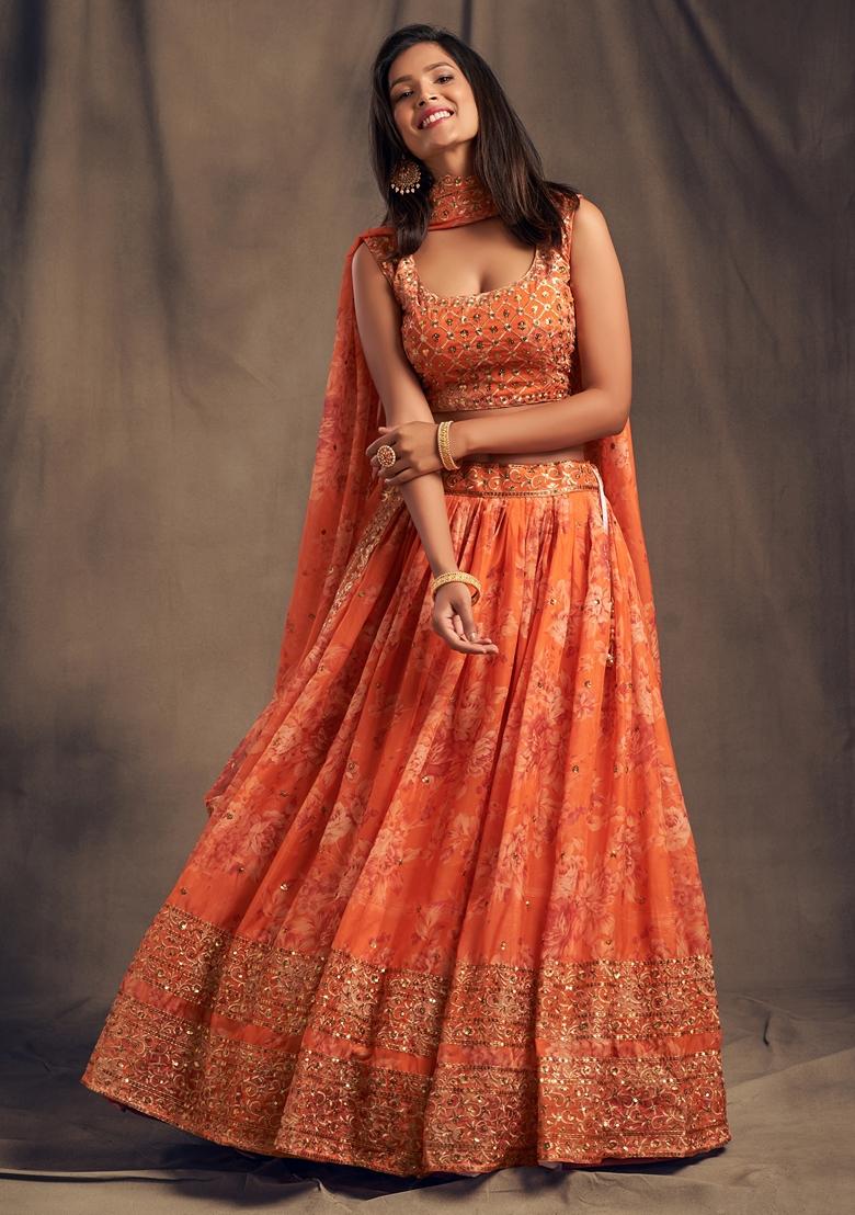 Orange Embroidered Organza Lehenga Set