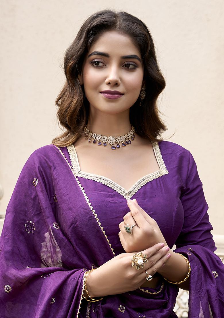 Dark Purple Zari Woven Pure Chanderi Lehenga Set