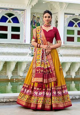 Mustard Patola Print Tussar Silk Lehenga Set
