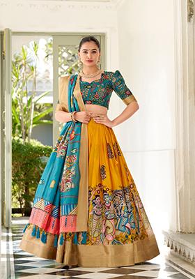 Yellow Kalamkari Print Dola Silk Lehenga Set