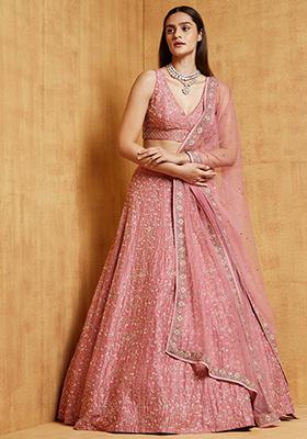 Pink Sequin Embroidered Malai Satin Silk Lehenga Set