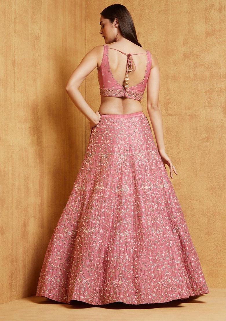 Pink Sequin Embroidered Malai Satin Silk Lehenga Set