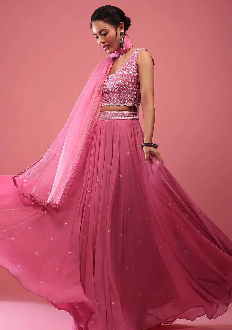 Pink Sequin Embroidered Faux Georgette Lehenga Set