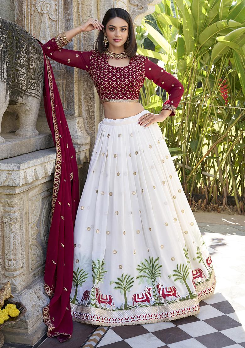 White Sequin Thread Embroidered Georgette Lehenga Set