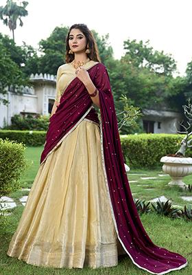 Cream Zari Woven Kanchipuram Lehenga Set