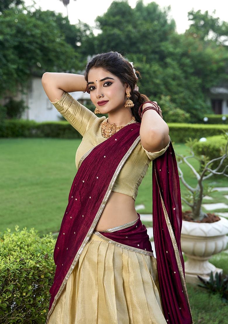 Cream Zari Woven Kanchipuram Lehenga Set