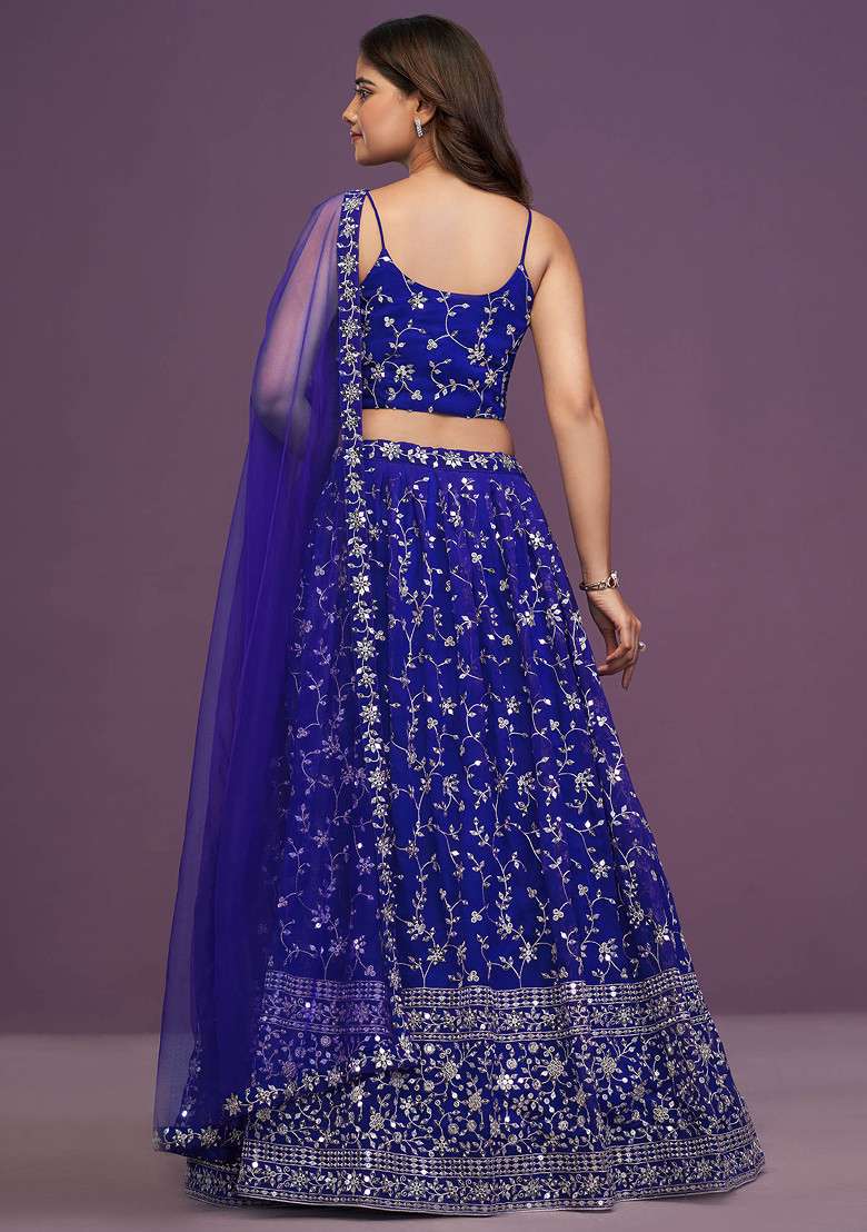 Royal Blue Zari Sequin Embroidered Net Lehenga Set - Indya